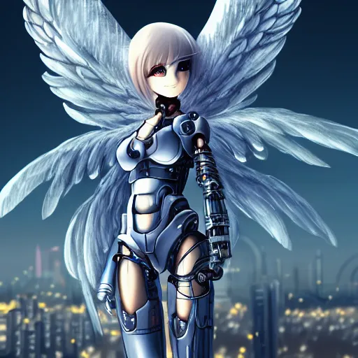 Image similar to cute small cyborg - angel girl with large angelic wings standing on the edge of a rooftop overlooking a dystopian city, left eye gold and right eye silver, biomechanical details, bionic cyborg implants, digital cyberpunk - anime art, full body shot