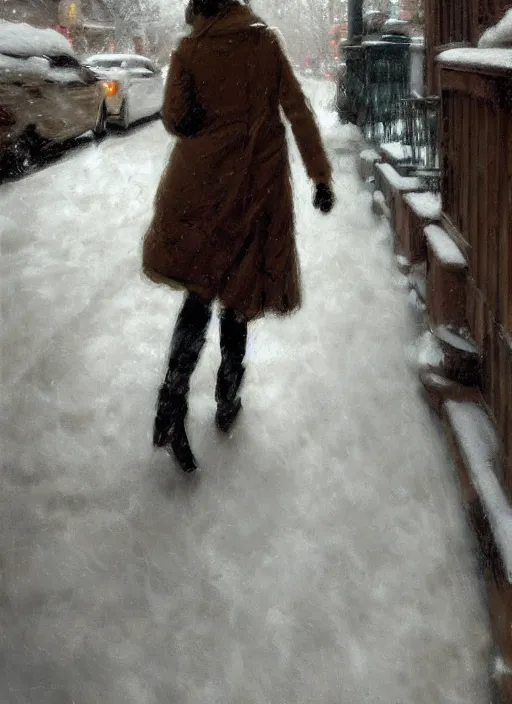 Prompt: back of emma stone in beige coat, walking into new york apartment building in winter, snow, artwork by gaston bussiere, craig mullins, trending on artstation