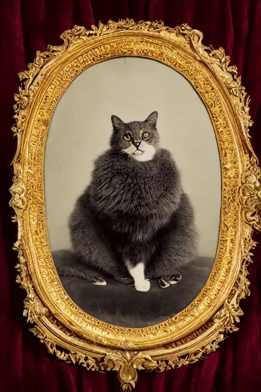 Image similar to a ambrotype portrait of a royal cat, outrageously fluffy, on an embroidered velvet cushion on a neo - rococo gilded little bed, photorealistic, photography, wide shot