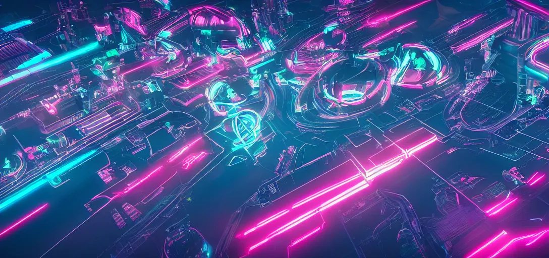 Prompt: cyberpunk, synthwave, vaporware aesthetics, retrowave, flat shading, neon, highly detailed aerial digital art of a tron cyberbike race, drone shot, cell - shaded