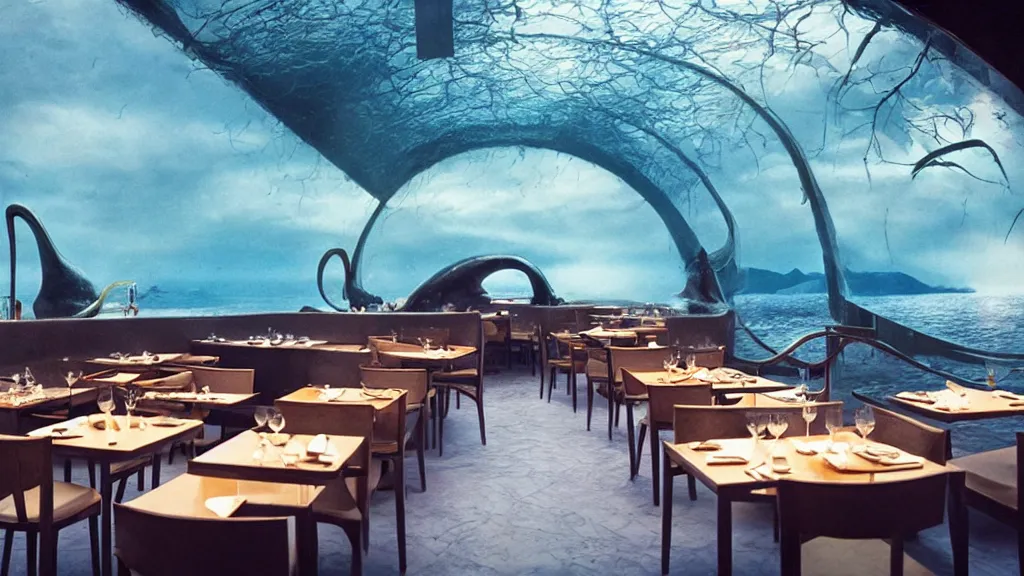Prompt: restaurant, made of water, film still from the movie directed by Denis Villeneuve with art direction by Salvador Dalí, wide lens