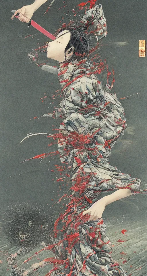 Image similar to Japanese schoolgirl runs away from Samurai with a katana on the subway, high detailed Beksinski painting, part by Adrian Ghenie and Gerhard Richter. art by Takato Yamamoto. masterpiece