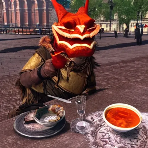 Prompt: Dragon from Skyrim eating russian borsch soup on the Red Square,