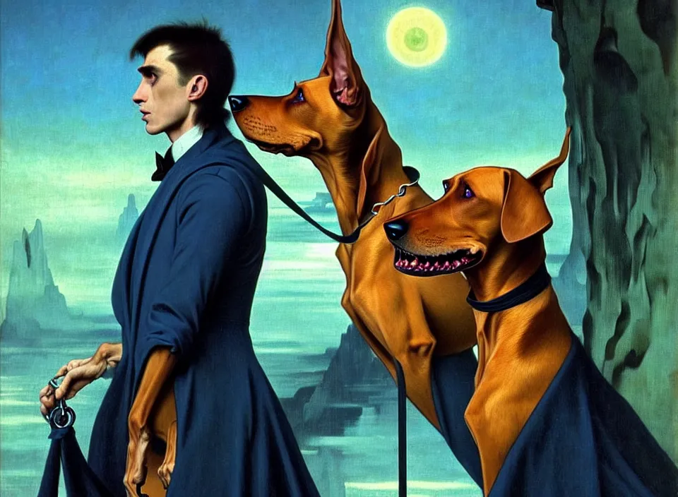 Image similar to realistic detailed portrait movie shot of an elegant blond male vampire with a doberman on a leash, sci fi landscape background by denis villeneuve, amano, yves tanguy, alphonse mucha, max ernst, caravaggio, roger dean, masterpiece, rich moody colours, dog teeth, blue eyes