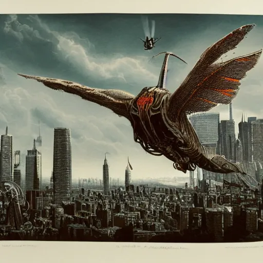 Prompt: A beautiful print of a large, flying, robotic creature swooping down over a cityscape. The creature has a long, snake-like body with large, razor-sharp wings. It is attacking a group of people who are running in terror. by Frits Van den Berghe terrifying