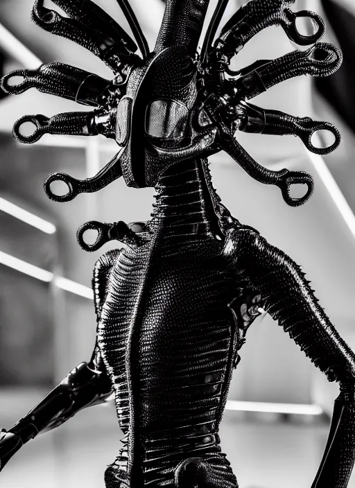 Image similar to walking down the catwalk, ben watts, show, stage, vogue photo, podium, fashion show photo, iris van herpen, beautiful woman, full body shot, helmet on face, masterpiece, plant predator, giger, guyver, jellyfish, biomechanical details, movie still, fauvism, cinestill, bokeh, gelios lens