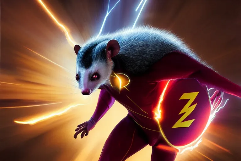 Image similar to a stunning digital painting of a opossum as the flash in spandex costume, running in the speedforce by greg rutkowski, volumetric light, digital art, fine detail, photorealistic