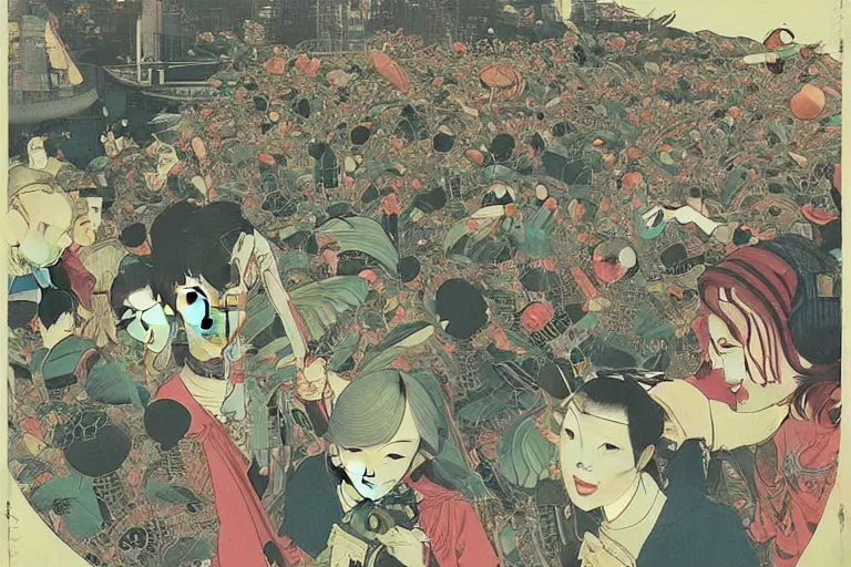 Image similar to gigantic dragonflies with human faces catch tiny robots, a lot of exotic mechas robots around, human heads everywhere, risograph by kawase hasui, dirtyrobot, edward hopper, satoshi kon and moebius, colorful flat surreal design, super - detailed, a lot of tiny details, fullshot