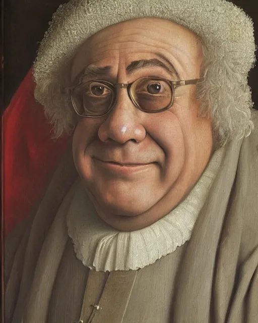 Image similar to a portrait of danny devito painted by jan van eyck, 4 k detail, portrait