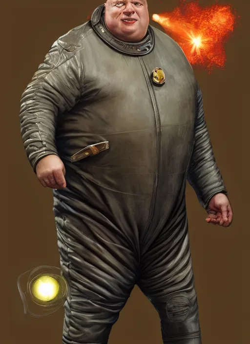 Prompt: upper body portrait of shaun ryder as baron harkonnen wearing a leather spacesuit floating in space and firing a retro ray gun, by normal rockwell, photoreal, character concept art, artstation