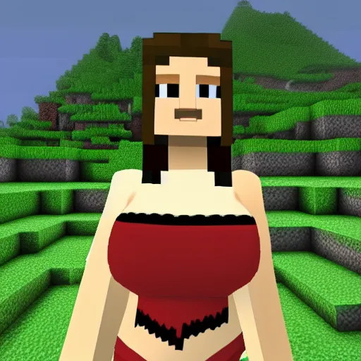 Prompt: minecraft villager with voluptuous clothed breasts standing on top of a minecraft village