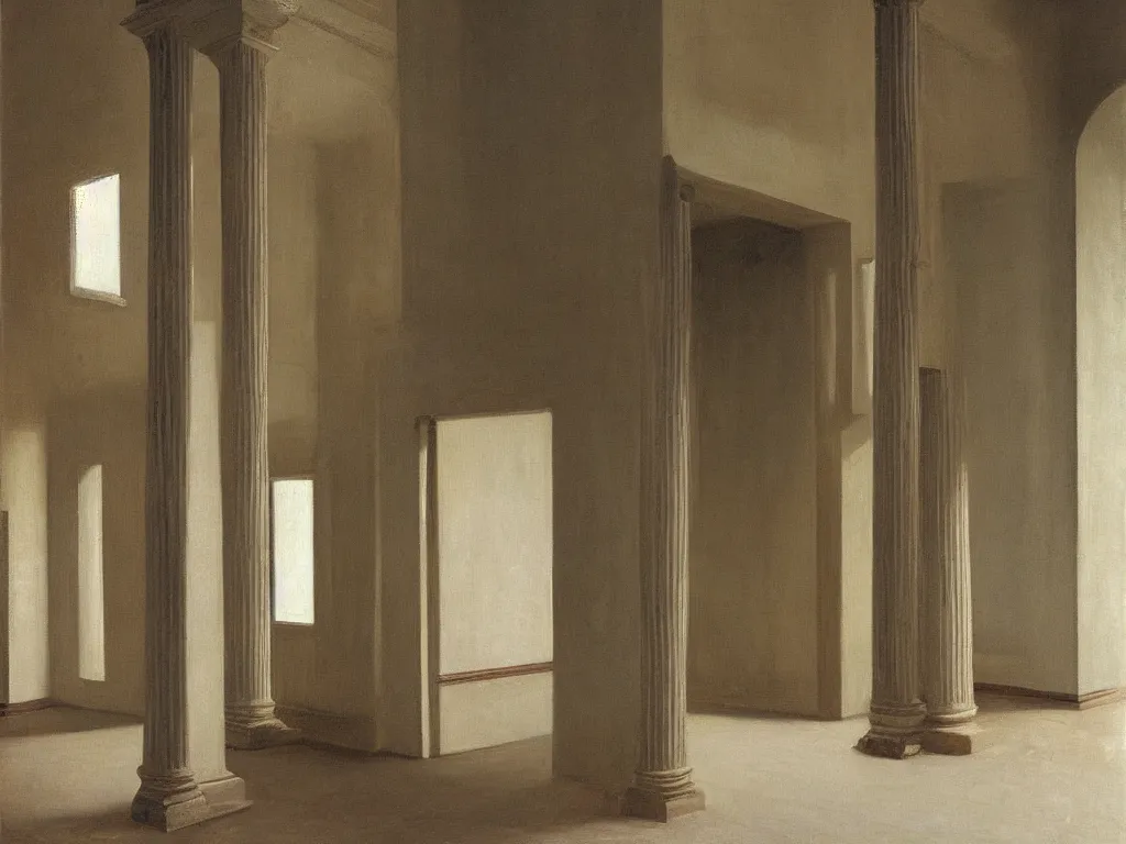 Image similar to Interior of a house under renovation with carved marble column in the middle. Afternoon light. Painting by Vilhelm Hammershoi