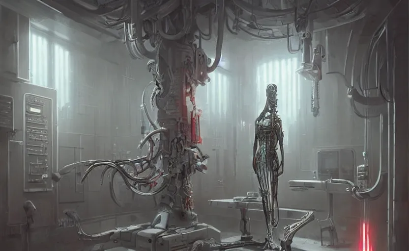 Image similar to neon surgery machine nobody cyberpunk futuristic, in a white room, art by giger, greg rutkowski