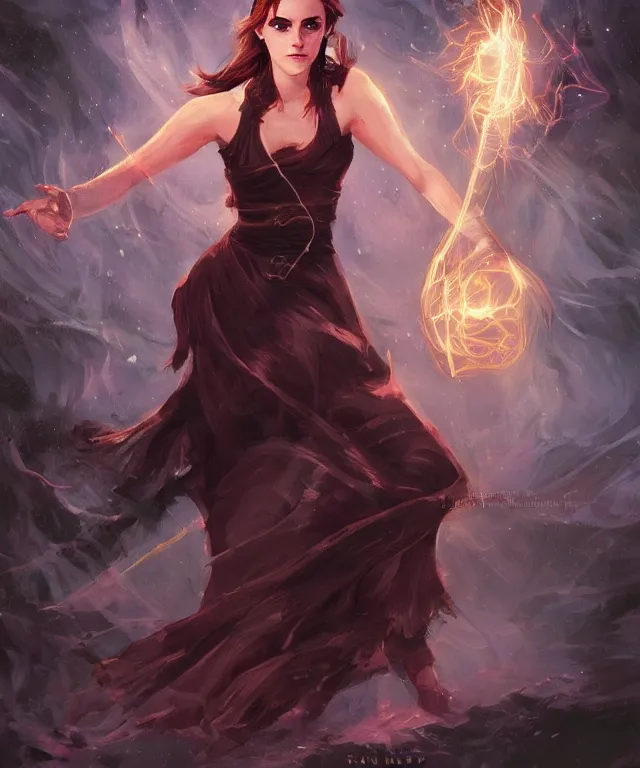 Prompt: illustration of emma watson as a ice magician, glowing eyes, trending on artstation, dynamic pose, Magic the Gathering art, art by Ralph Horsley