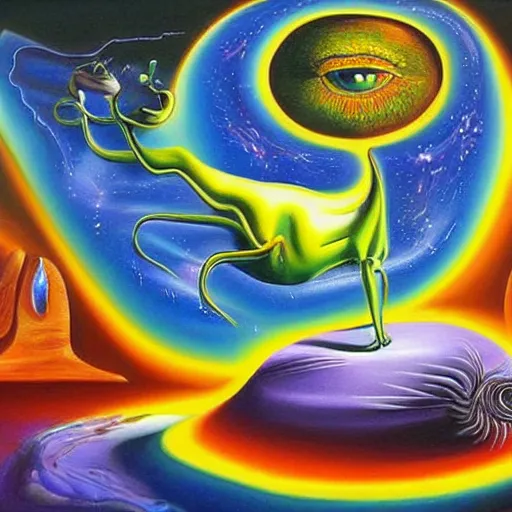 Image similar to a very very extremely high quality hd surrealism acrylic painting of a 3d galactic neon complimentary colored cartoon surrealism melting creature by kandsky and salvia dali the 1024th, salvador dali's much much much much more talented painter cousin, 4k, ultra realistic