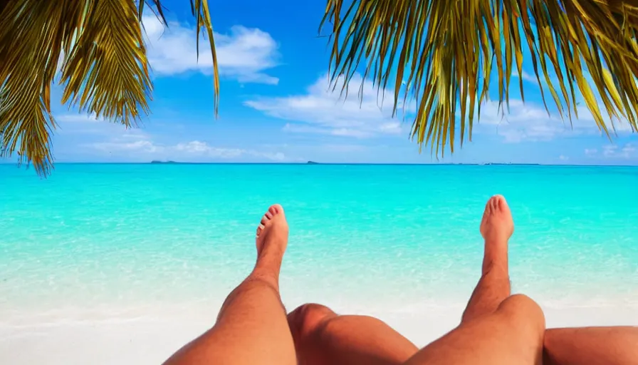 Image similar to first person view from a man lounging on a beautiful tropical beach with a stunning turquoise ocean in the background. his legs stretch out in front of the camera, photorealistic