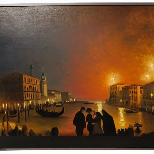 Image similar to an oil painting of couple kissing, in a background fireworks in venice