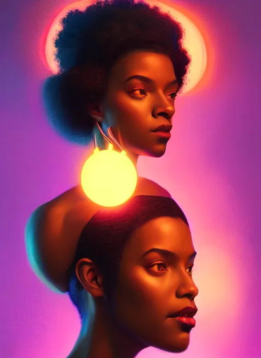 Image similar to portrait of young black woman with glowing crown, afro - futurist style, intricate, elegant, glowing lights, highly detailed, digital painting, artstation, concept art, smooth, sharp focus, illustration, art by wlop, mars ravelo and greg rutkowski