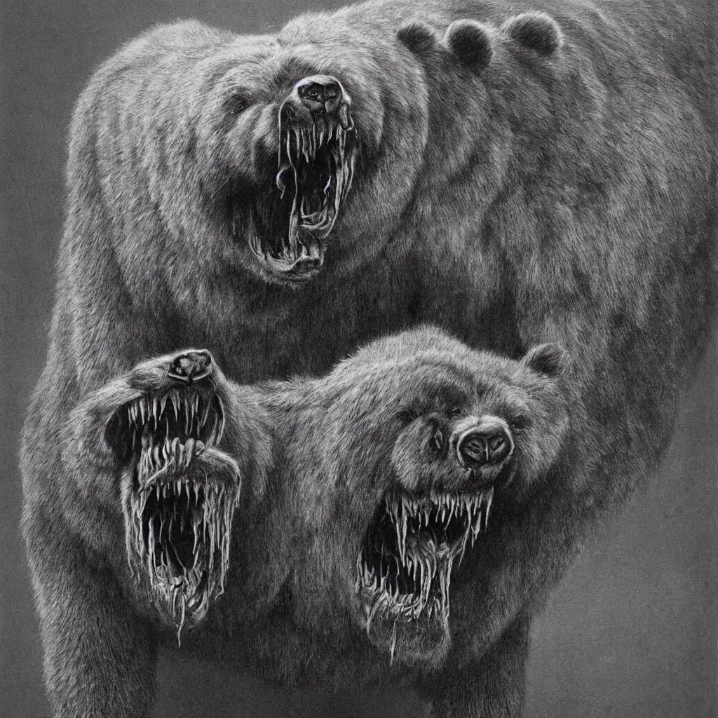 Prompt: horrifying bear creature, fangs, style of zdislaw beksinski