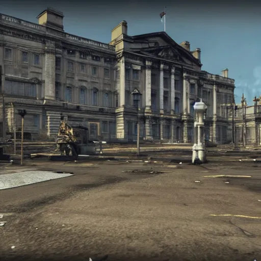 Image similar to buckingham palace in ruins post - nuclear war in fallout 4, in game screenshot