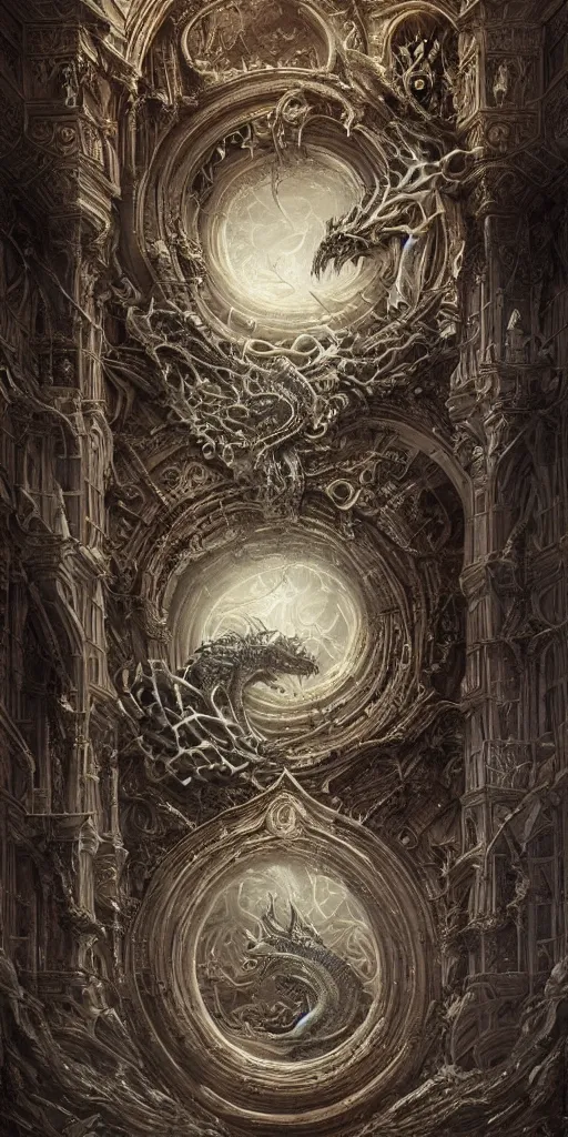 Prompt: enormous Ouroboros floating around inside an ancient mage castle hall colossal scale, gothic and baroque, brutalist architecture, ultradetailed, intricate details by Ellen Jewett and Ayami Kojima