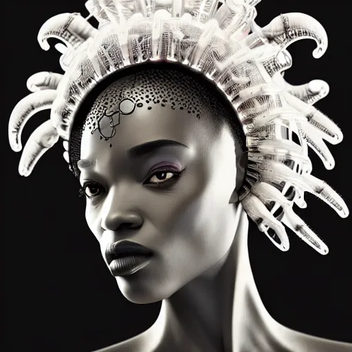 Image similar to portrait of an absurdly beautiful, graceful, sophisticated, fashionable black cyberpunk mechanoid gravure idol, ultrafine hyperdetailed illustration by irakli nadar, matt wisniewski style, marvel comics, intricate linework, ebony skin, neon jellyfish headdress, ivory carved ruff, unreal engine 5 highly rendered, global illumination, radiant light, detailed and intricate environment