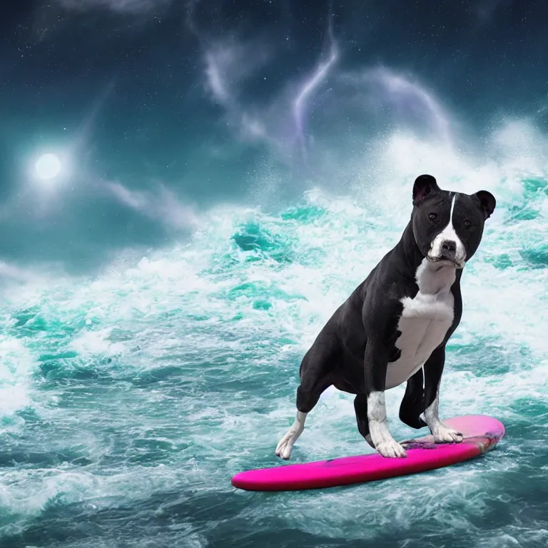Prompt: photo of a dark gray white coat pit bull with a white paws, surfing on a surfboard in a crashing wave of alien ocean in space, background is an alien galaxy, aliens in the background, alien colors, octane render, unreal engine, wide view, 8 k, high detaild