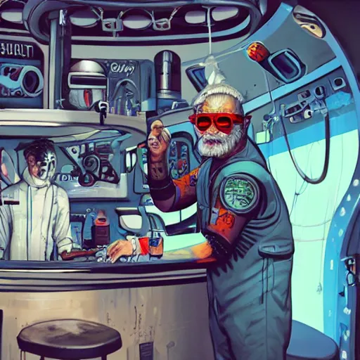 Image similar to old man in exosuit standing behind futuristic bar on space station, face tattoos, punk, grunge, rough, paint, scratchy, science fiction, cyberpunk, retrofuture, illustration