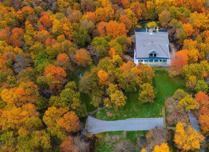 Prompt: low drone shot of a ranch style School campus in the middle of the Woods during autumn