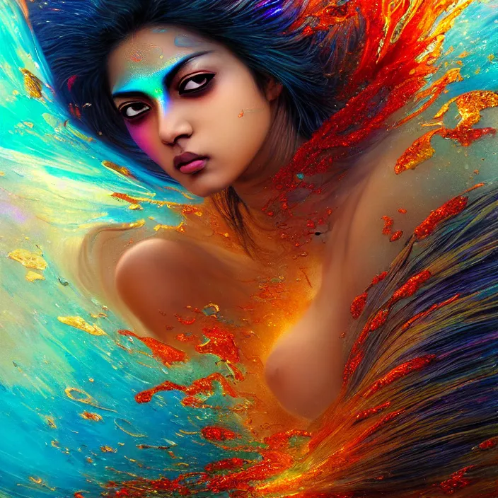 Prompt: ultra detailed stunning digital painting of a angry indian anime girl, skin made out of chrome, covered in a sea of iridescent liquid, lost in a dreamy oriental realm by Karol Bak, Moebius, hiroshi yoshida, Druillet, xsullo, colorful, front view, vivid colors, 8k, coherent, anime vibes, uplifting, magical composition, artstation, synthwave, 8k, coherent, artgerm, uplifting, unreal engine, magical composition, artstation