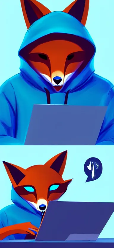 Prompt: a concept art of an anthropomorphic fox in a blue hoodie hacking a computer, artstation, digital art, oc commission, high detailed, stylised, league of legends, illustration