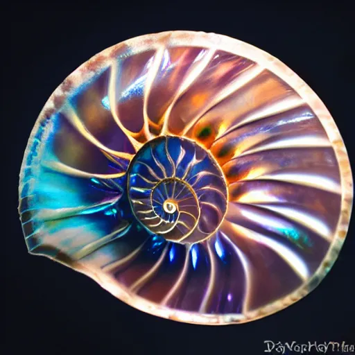Prompt: mother - of - pearl nautilus shell on a mirror, macro photography, soft light, bokeh film photography low light
