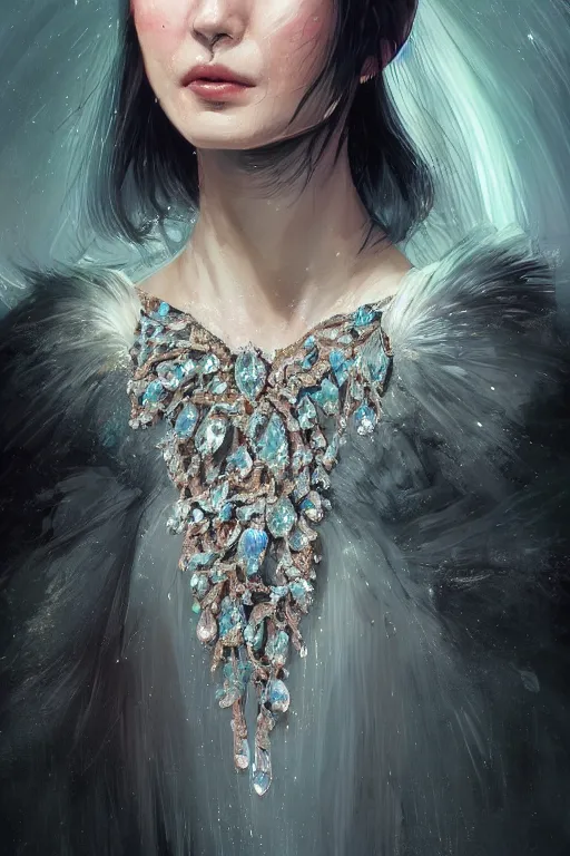 Prompt: A fancy portrait of a women wearing crystal jewelry by Greg Rutkowski, beeple, Sung Choi, Mitchell Mohrhauser, Maciej Kuciara, Johnson Ting, Maxim Verehin, Peter Konig, final fantasy, macro lens, 35mm, 8k photorealistic, cinematic lighting, HD, high details, dramatic, dark atmosphere, trending on artstation