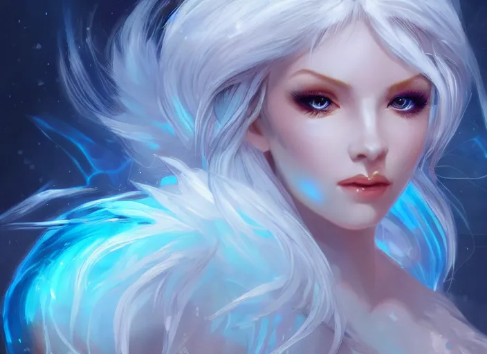 Prompt: portrait of an ice fairy, cute, fantasy, wonderful shading, realistic perfect face, concept art, dynamic pose, digital illustration, trending on artstation, intricate details, epic composition, sharp focus, 8 k uhd, masterpiece, league of legends splash art