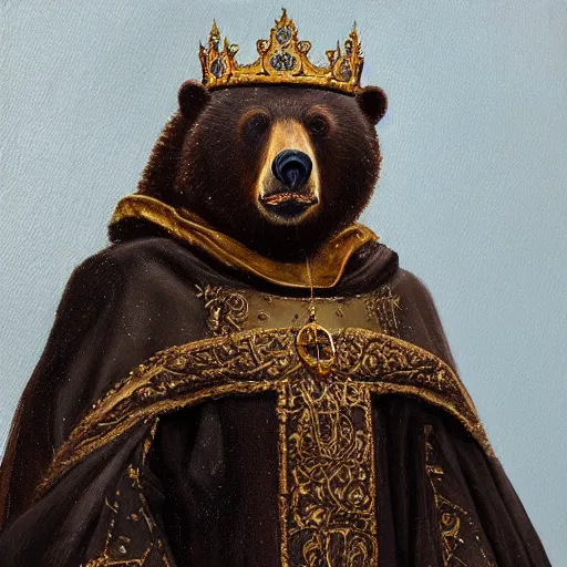 Image similar to “ an oil painting portrait of a bear wearing medieval royal robe and an ornate crown on a dark background ” digital art, concept art, highly detailed, 3 - d 4 k, trending on art station, award winning, mark brooks,