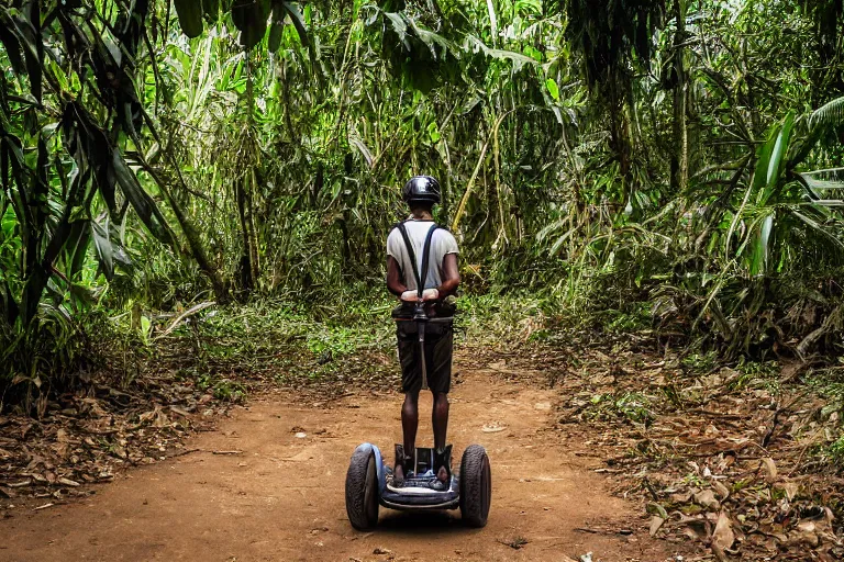 Prompt: a colonial closeup photograph of a Segway in a village at the river bank of Congo , Thick jungle, scary, evil looking, wide angle shot