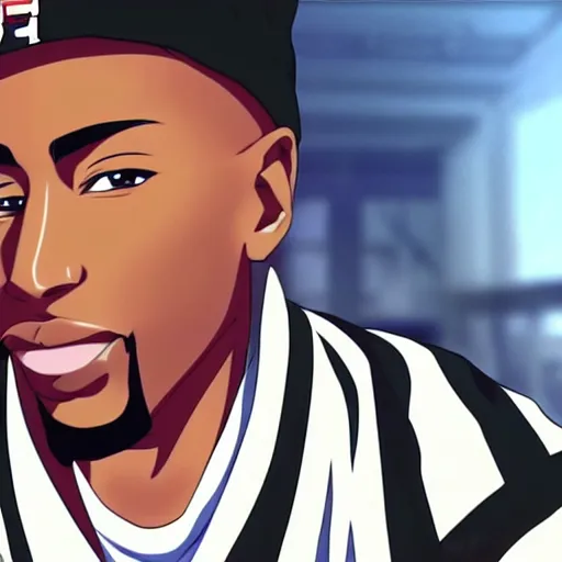 Image similar to Tupac Shakur, screenshot from a 2012s anime