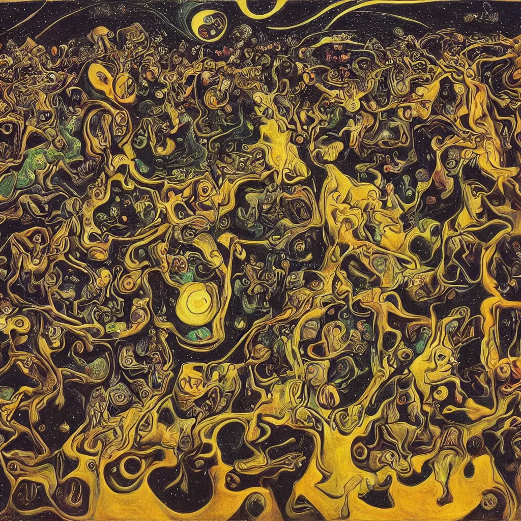 Image similar to intergalactic psychonaut unholy gathering, 4K, by collaboration of M. C. Escher and Salvador Dali and Van Gogh