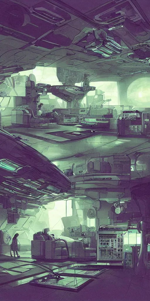 Image similar to spaceship medic room , mysterious laboratory, thick green mist, low ceiling, cables hanging from ceiling, thick cables on ground, god rays of light, huge computer screens, neons, saturated top light , epic scene, scifi, illustration, art by Juan Giménez and moebius