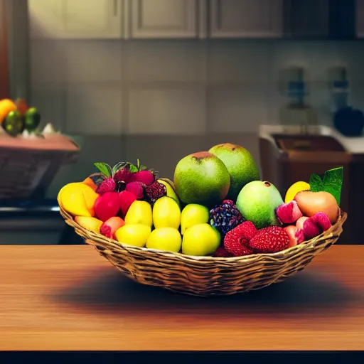 Prompt: a fruit basket on top of a kitchen table, Cyberpunk