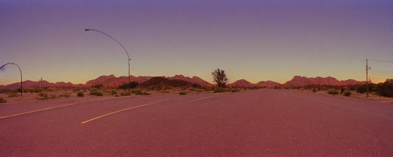 Image similar to spaghetti advertisement, highway 5 0, arizona, sunset, canon 2 0 mm, shallow depth of field, kodachrome, in the style of david hockney