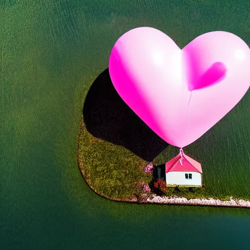 Image similar to a 5 0 mm lens photograph of a cute pink floating modern house, floating in the air between clouds, inspired by the movie up, held up from above by a heart - shaped ballon. mist, playful composition canon, nikon, award winning, photo of the year