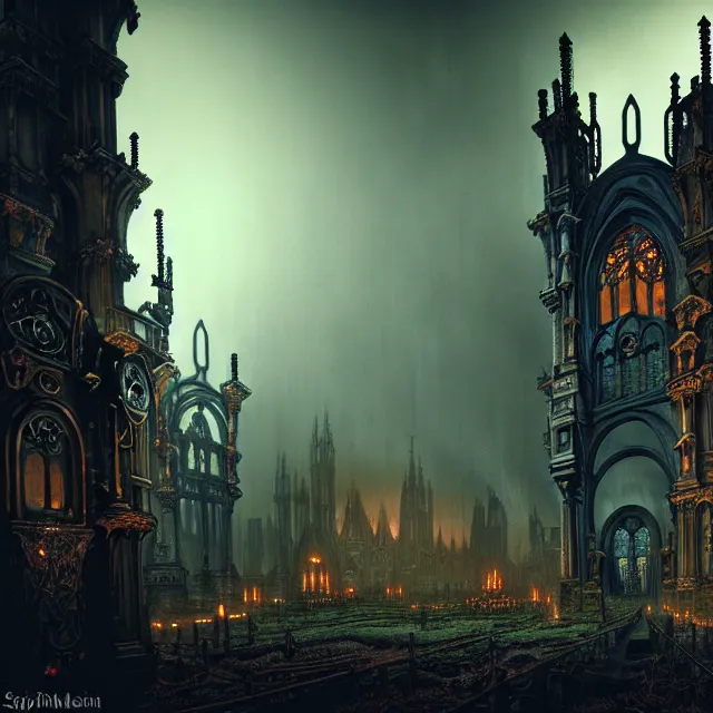 Image similar to steam necropolis, memento mori, gothic, neo - gothic, art nouveau, hyperdetailed copper patina medieval icon, stefan morrell, philippe druillet, ralph mcquarrie, concept art, steampunk, unreal engine, detailed intricate environment, octane render, moody atmospherics, volumetric lighting, ultrasharp, ominous, otherworldly