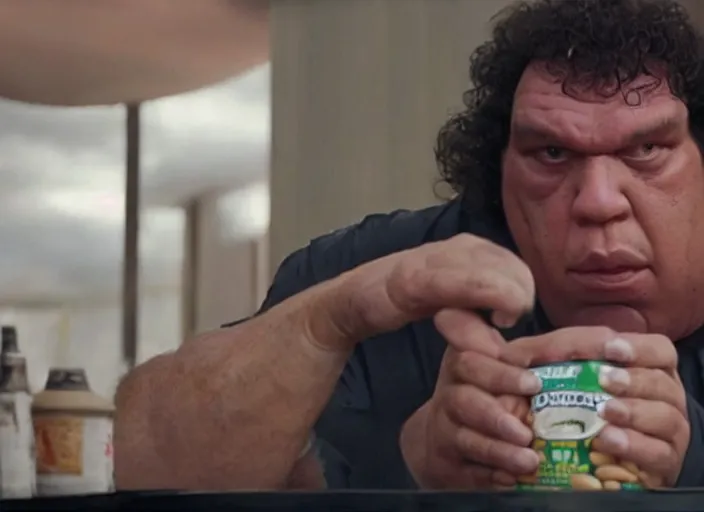 Image similar to film still of Andre the Giant eating a can of beans in the new Lethal Weapon movie, 4k