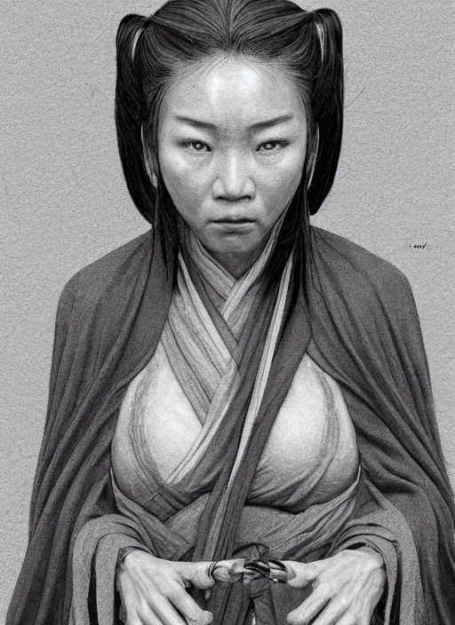 Image similar to portrait of a female drunken master monk exercising by wlop, wuxia, xianxia, drunken boxing, drunken master, weathered dark skin, athletic, playful, beautiful, fully clothed, monk's robe, detailed, realistic, anatomically accurate, fantasy illustration, artstation, wlop, hi - res, 4 k.