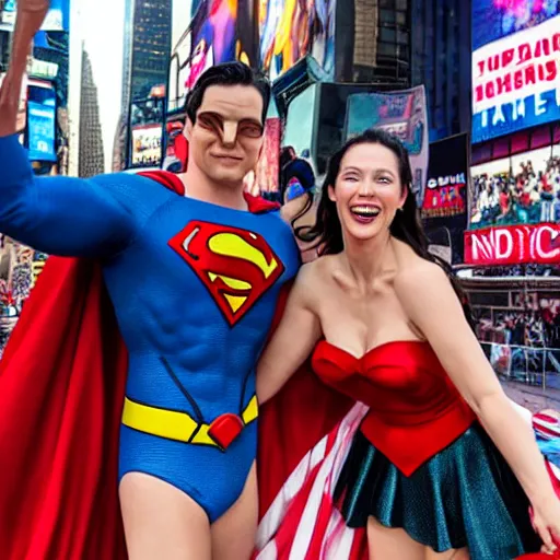 Image similar to v - j day in times square photograph with superman and wonder woman