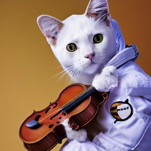Prompt: a cat astronaut in space, holding a violin