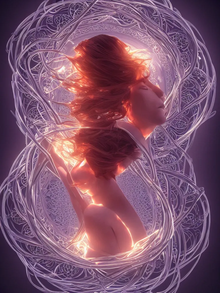 Image similar to a centered render of an alluring model floating through a robotic tunnel surrounded by flowing tendrils of energy and spiral mandalas, full body, gorgeous face, perfect face, powerful, by artgerm, 3 d, trending on artstation, octane render, 8 k