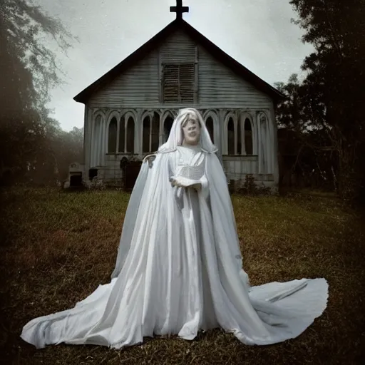 Prompt: picture of ghostly bride in front of an old wooden white church, 1 9 th century southern gothic scene, taken by crewdson, gregory