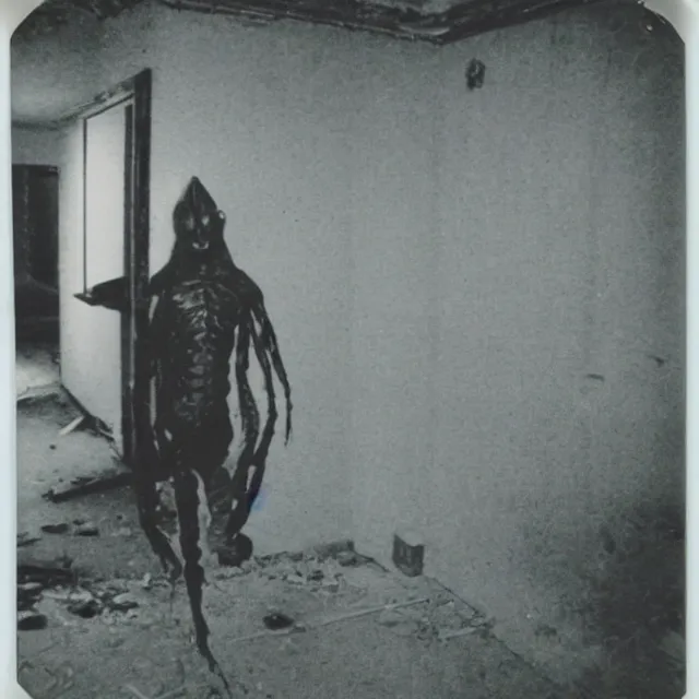 Image similar to found polaroid photo, flash, interior abandoned hospital, mutant creature standing